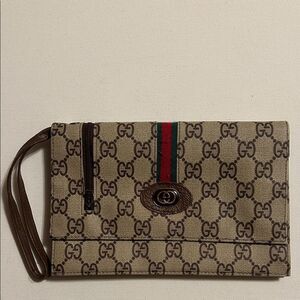 Gucci Vintage Beige and Brown Monogram Clutch